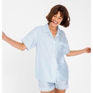 Ettitude Bamboo Lyocell Sleepwear PJ Shirt Women Large Blue Striped Short Sleeve